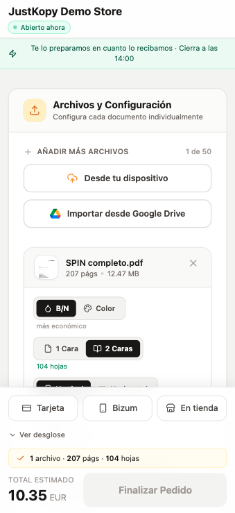 Pantalla de la tienda online del cliente: subir archivos y configurar la impresión