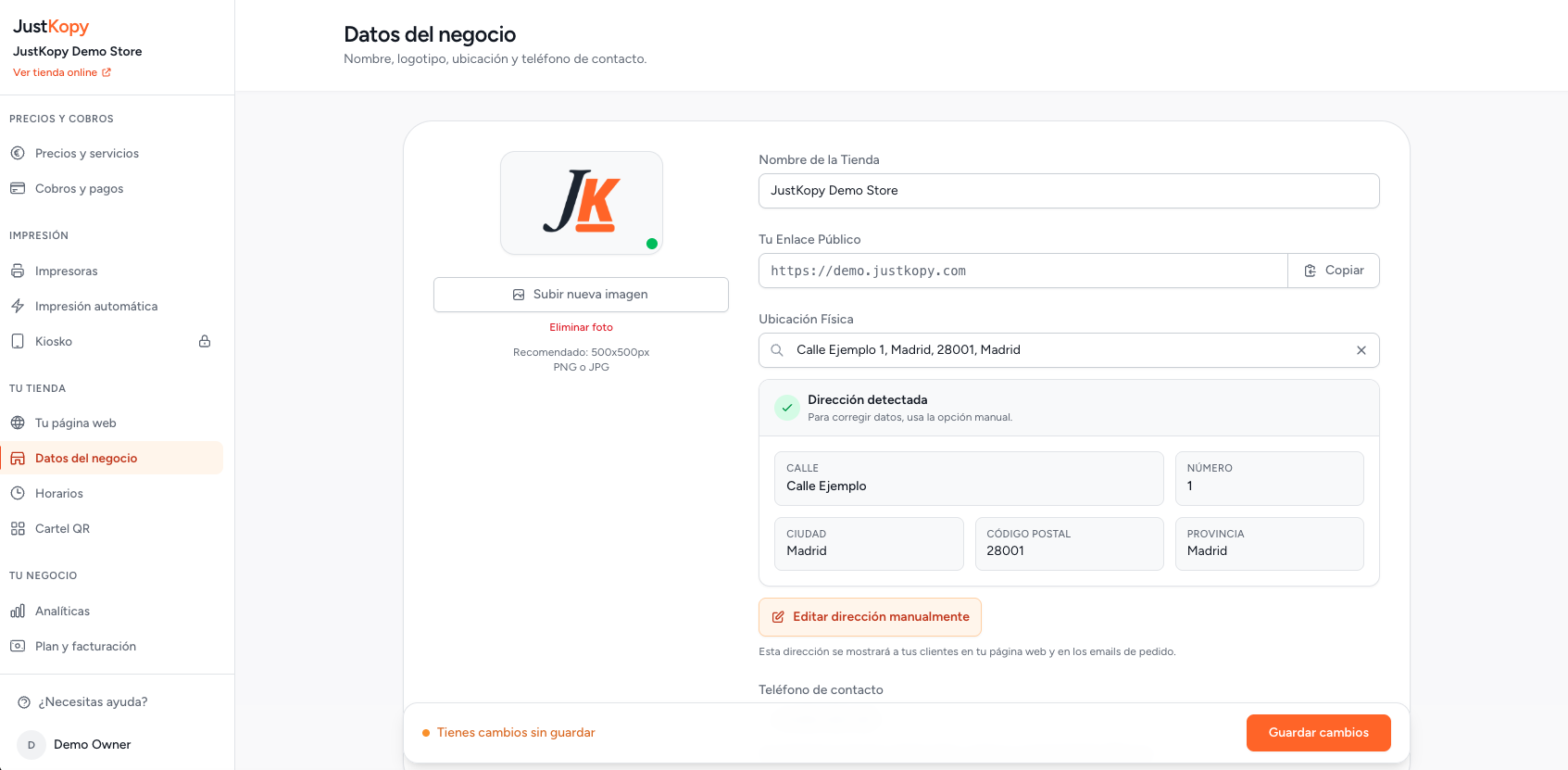 Datos del negocio: logotipo, nombre de la tienda, enlace público, dirección y teléfono de contacto