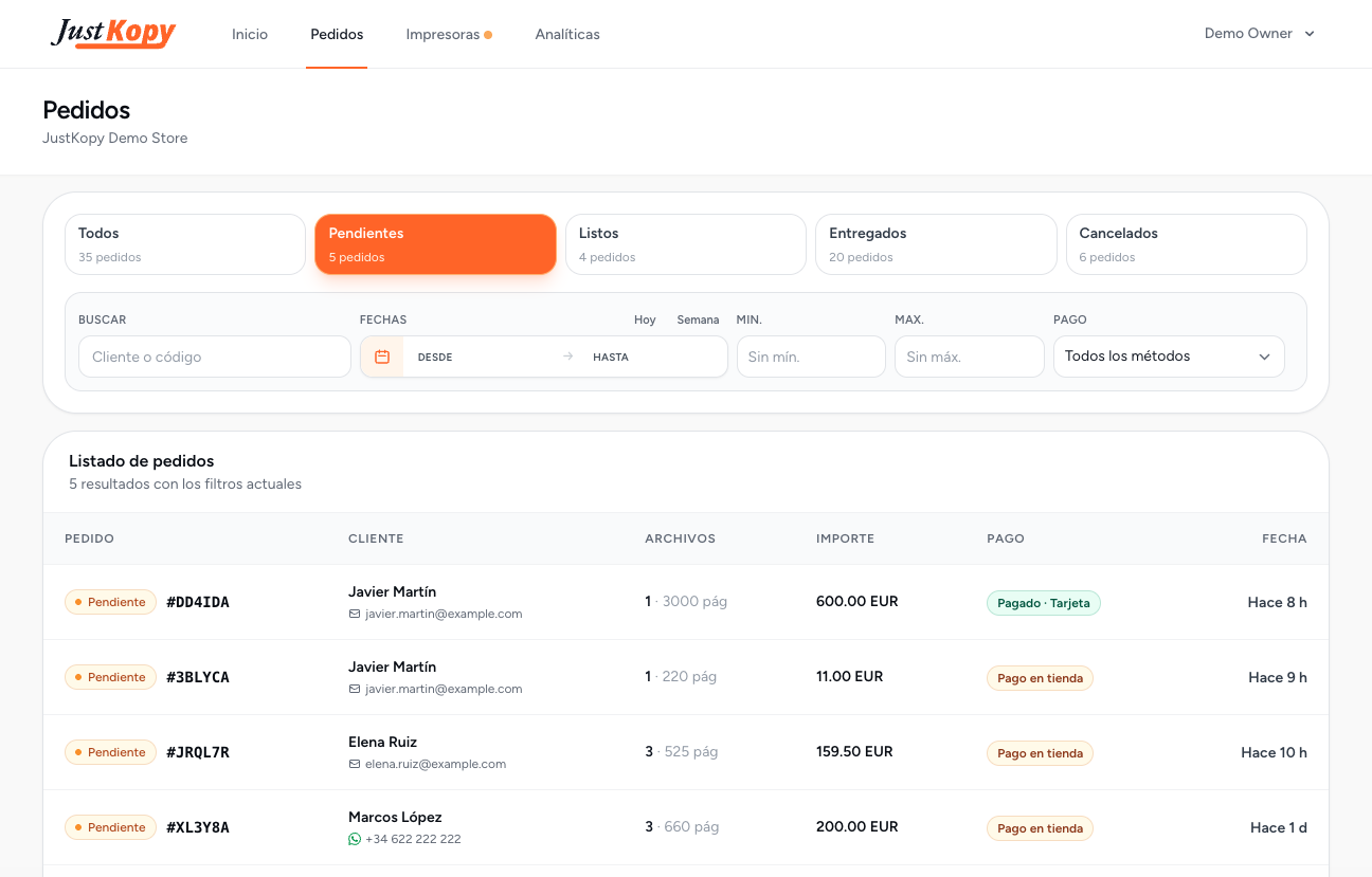 Panel de pedidos de JustKopy: pedidos del día con cliente, importe, método de pago y estado